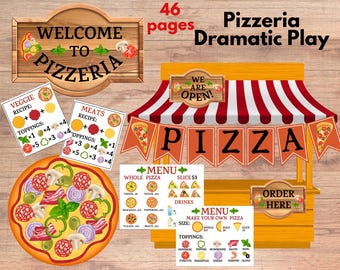 Puede incluir: Un conjunto de 46 páginas imprimibles para una actividad de juego de rol de pizzería. El conjunto incluye un cartel de bienvenida, un menú de pizzas, un menú de creación de pizzas y un cartel de pedido aquí. El conjunto también incluye imágenes de pizzas, ingredientes y bebidas.
