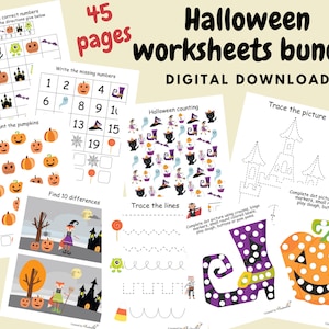Lot de feuilles de travail d'Halloween pour enfants, livre chargé d'Halloween pour la maternelle, livre d'activités pour tout-petits, imprimés préscolaires, classeur d'apprentissage