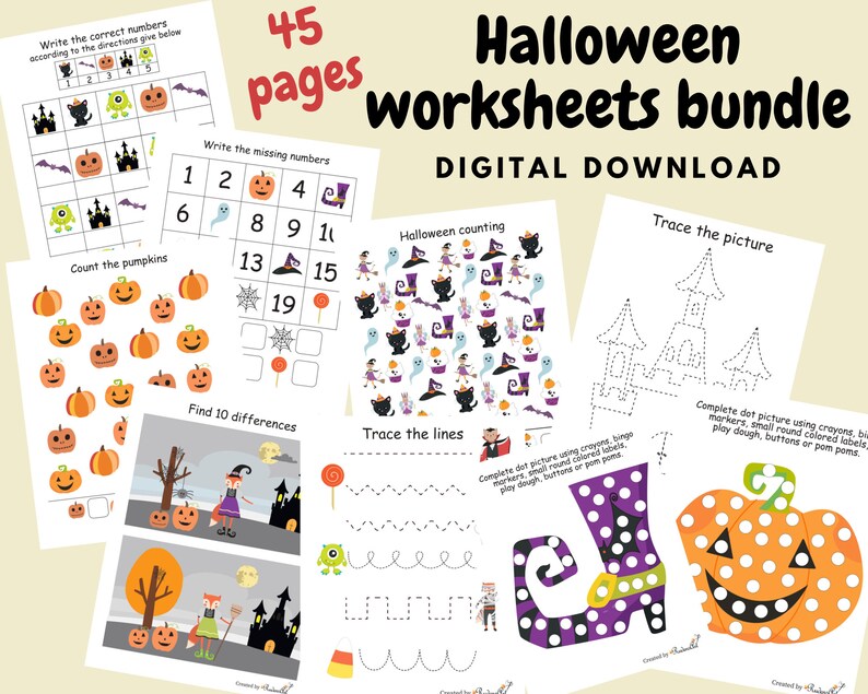 May include: A set of 45 printable Halloween-themed worksheets for kids. The worksheets feature various activities, including counting, tracing, and finding differences. The worksheets are designed to help children learn and develop their skills in a fun and engaging way.