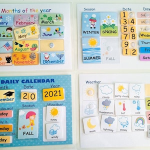 Calendario infantil y cuadro meteorológico como material Montessori o calendario de aula para niños pequeños, preescolares o de jardín de infantes (ya hecho)