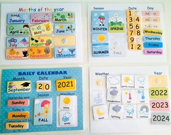 Kids calendar and weather chart as a Montessori materials or classroom calendar for toddlers, preschool or kindergarten kids (already made)