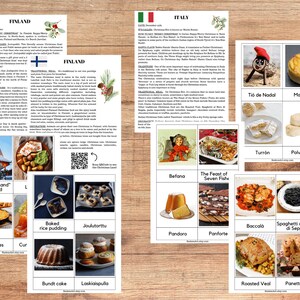 May include: A collection of Christmas-themed cards featuring food and cultural traditions from Finland and Italy. The cards display images of dishes like casseroles, baked rice pudding, and panettone, along with text descriptions.