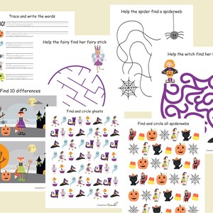 May include: A printable Halloween activity sheet with a variety of games for kids. The sheet includes a maze, a find the differences game, a word search, and a find the object game. The games feature Halloween themes such as ghosts, pumpkins, witches, and spiders.