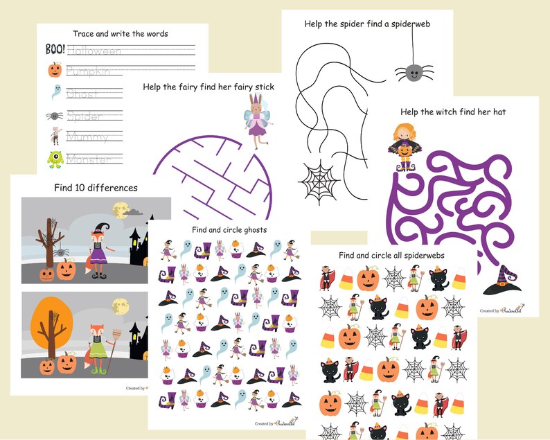 May include: A printable Halloween activity sheet with a variety of games for kids. The sheet includes a maze, a find the differences game, a word search, and a find the object game. The games feature Halloween themes such as ghosts, pumpkins, witches, and spiders.