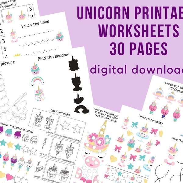 Unicorn preschool printables worksheets for Kindergarten Learning, Preschool curriculum,Toddler girl Busy Book Printable,Kids activity games