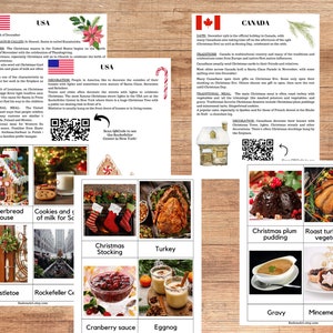 May include: A collage of images related to Christmas traditions in the USA and Canada. Includes a gingerbread house, cookies, stockings, turkey, cranberry sauce, eggnog, plum pudding, roast turkey, gravy, and mince tarts. Text includes "USA" and "Canada".