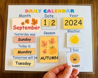 Kinderkalender mit Wetter- und Emotionsdiagramm als Montessori-Materialien, Klassenzimmer Kalender für Kleinkinder, Vorschule, Kindergarten (PDF-Datei)