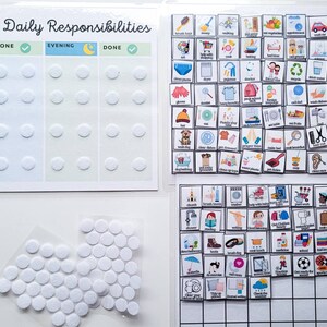 K&ouml;nnte beinhalten: Ein wei&szlig;es Brett mit dem Titel "Nathan's Daily Responsibilities" und einer Tabelle mit Spalten f&uuml;r Morgen, Abend und Erledigt. Die Tabelle hat ein Sonnensymbol f&uuml;r Morgen, ein Mondsichel-Symbol f&uuml;r Abend und H&auml;kchen f&uuml;r Erledigt. Auf der Tabelle befinden sich wei&szlig;e Kreise, die als visuelle Hilfe f&uuml;r die Erledigung von Aufgaben verwendet werden k&ouml;nnen. Es gibt auch zwei Bl&auml;tter mit wei&szlig;en Kreisen, die als Markierungen f&uuml;r die Tabelle verwendet werden k&ouml;nnen. Es gibt zwei Bl&auml;tter mit Bildern mit verschiedenen Symbolen darauf.