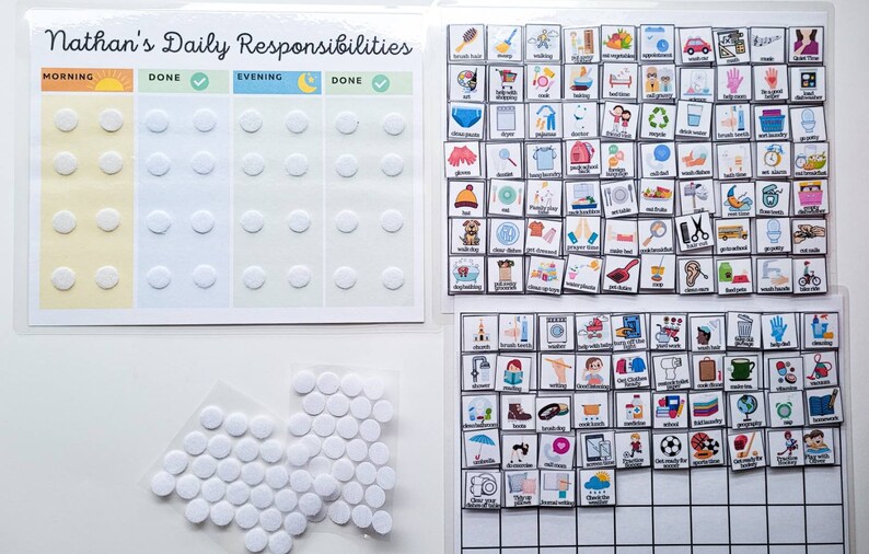 K&ouml;nnte beinhalten: Ein wei&szlig;es Brett mit dem Titel "Nathan's Daily Responsibilities" und einer Tabelle mit Spalten f&uuml;r Morgen, Abend und Erledigt. Die Tabelle hat ein Sonnensymbol f&uuml;r Morgen, ein Mondsichel-Symbol f&uuml;r Abend und H&auml;kchen f&uuml;r Erledigt. Auf der Tabelle befinden sich wei&szlig;e Kreise, die als visuelle Hilfe f&uuml;r die Erledigung von Aufgaben verwendet werden k&ouml;nnen. Es gibt auch zwei Bl&auml;tter mit wei&szlig;en Kreisen, die als Markierungen f&uuml;r die Tabelle verwendet werden k&ouml;nnen. Es gibt zwei Bl&auml;tter mit Bildern mit verschiedenen Symbolen darauf.
