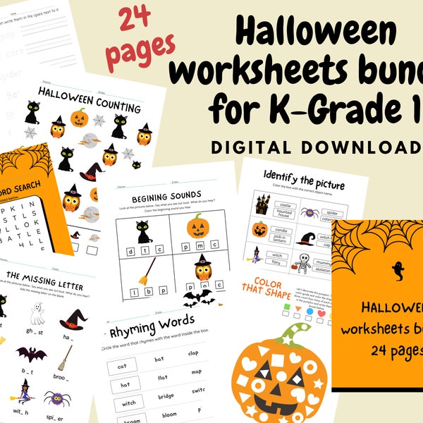 Halloween worksheets for Kindergarten and First grade kids, Halloween busy book with Literacy and Math activities, Learning binder