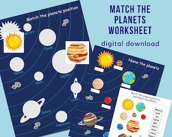 Match the planets worksheet, Solar system printable Busy Book Page, Space Matching Game, Preschool Learning Binder, Kindergarten science
