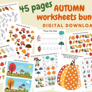 Feuilles de travail d'automne pour les enfants d'âge préscolaire, livre chargé d'automne à imprimer, feuilles de travail pour la maternelle, livre d'activités pour tout-petits, classeur d'apprentissage des saisons