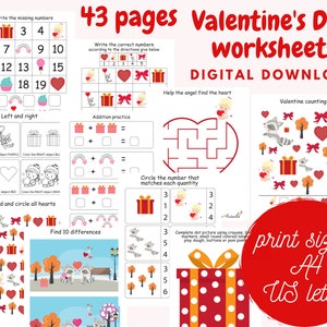 May include: A set of 43 printable Valentine's Day worksheets for kids. The worksheets feature a variety of activities, including counting, addition practice, left and right identification, finding differences, and completing dot-to-dot pictures. The worksheets are designed for preschool and kindergarten children. Print sizes: A4 and US letter.