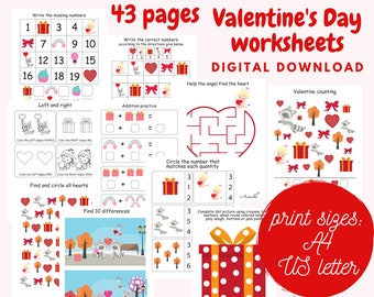 Valentine's Day worksheets bundle for kids, Preschool printables, Kindergarten worksheets, Learning activity binder