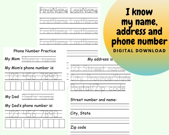 personalized tracing worksheets for kids name phone number etsy