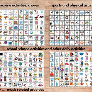 K&ouml;nnte beinhalten: Ein Satz von vier schwarz-wei&szlig;en visuellen Kommunikationsboards mit Bildern von Aktivit&auml;ten. Die Boards sind beschriftet mit "Hygiene-Aktivit&auml;ten, Aufgaben", "Sport und k&ouml;rperliche Aktivit&auml;ten", "Schulbezogene Aktivit&auml;ten und andere t&auml;gliche Aktivit&auml;ten" und "Musikbezogene Aktivit&auml;ten".