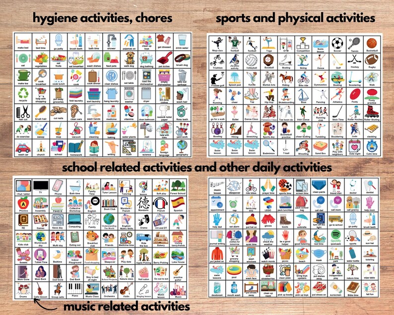 K&ouml;nnte beinhalten: Ein Satz von vier schwarz-wei&szlig;en visuellen Kommunikationsboards mit Bildern von Aktivit&auml;ten. Die Boards sind beschriftet mit "Hygiene-Aktivit&auml;ten, Aufgaben", "Sport und k&ouml;rperliche Aktivit&auml;ten", "Schulbezogene Aktivit&auml;ten und andere t&auml;gliche Aktivit&auml;ten" und "Musikbezogene Aktivit&auml;ten".