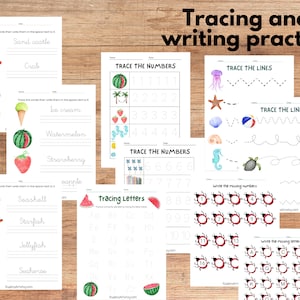 May include: A set of printable worksheets for tracing numbers, letters, and lines. The worksheets feature a summer theme with images of a watermelon, seashells, a crab, a starfish, a jellyfish, a seahorse, and a sandcastle. The text on the worksheets includes "Trace the numbers", "Trace the lines", "Tracing letters", "Write the missing numbers", and "Write the missing letters".