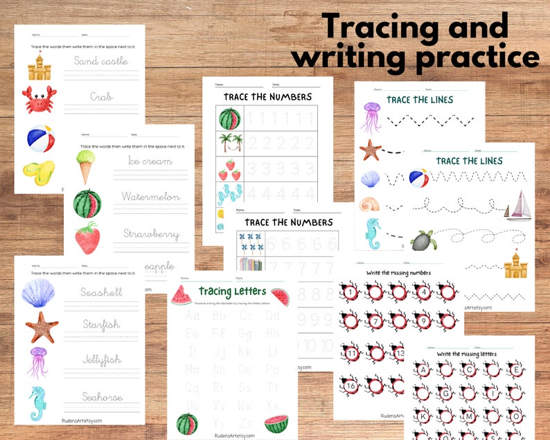 May include: A set of printable worksheets for tracing numbers, letters, and lines. The worksheets feature a summer theme with images of a watermelon, seashells, a crab, a starfish, a jellyfish, a seahorse, and a sandcastle. The text on the worksheets includes "Trace the numbers", "Trace the lines", "Tracing letters", "Write the missing numbers", and "Write the missing letters".