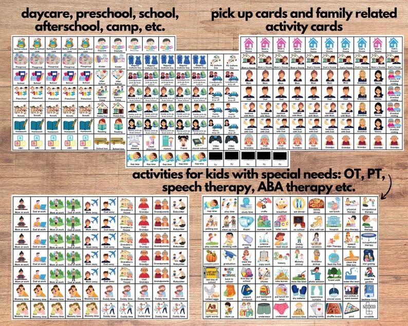May include: A set of visual communication cards for children with special needs. The cards feature black and white illustrations of activities, objects, and people. The cards are organized into categories such as "daycare, preschool, school, afterschool, camp, etc.", "pick up cards and family related activity cards", and "activities for kids with special needs: OT, PT, speech therapy, ABA therapy etc."