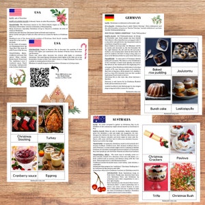 May include: A collage of images featuring Christmas traditions and foods from around the world. Includes images of a Christmas stocking, turkey, cranberry sauce, and eggnog. Also features information about Christmas in the USA, Germany, and Australia.
