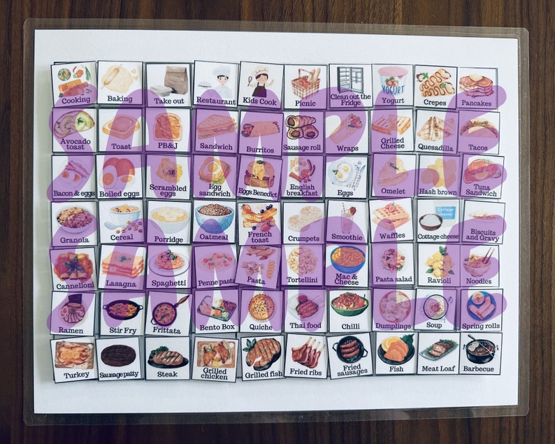 May include: A colorful chart with 60 squares, each containing a picture of a different food item and the name of the food written below the picture. The chart is divided into six rows and ten columns. The chart is printed on white paper and is surrounded by a white border.