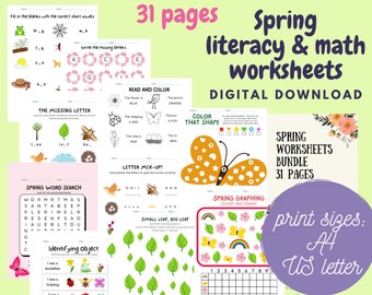 Spring Worksheets for kids, Literacy and Math learning binder for Grade 1 or Kindergarten worksheets, Preschool activity book