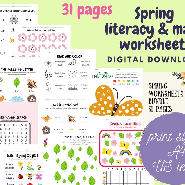 Spring Worksheets for kids, Literacy and Math learning binder for Grade 1 or Kindergarten worksheets, Preschool activity book