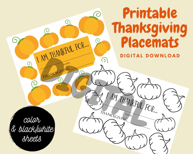 I Am Thankful For Placemat Printable