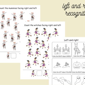May include: A printable worksheet for kids to practice left and right recognition. The worksheet features images of mummies, witches, a castle, a skeleton, a hat, a pumpkin, a bat, and a ghost. The instructions ask children to count the mummies and witches facing right and left, and to color the left and right objects in different colors.