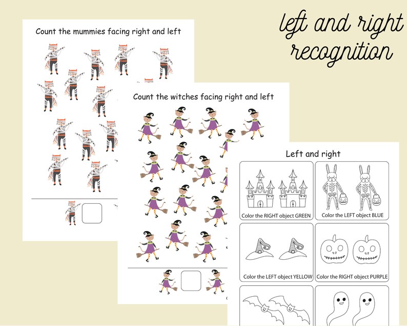 May include: A printable worksheet for kids to practice left and right recognition. The worksheet features images of mummies, witches, a castle, a skeleton, a hat, a pumpkin, a bat, and a ghost. The instructions ask children to count the mummies and witches facing right and left, and to color the left and right objects in different colors.