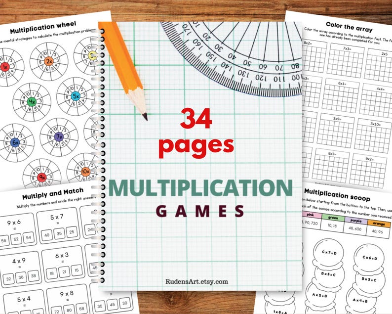 May include: A printable workbook with 34 pages of multiplication games for kids. The cover features a green and white grid pattern with the text "34 pages Multiplication Games".