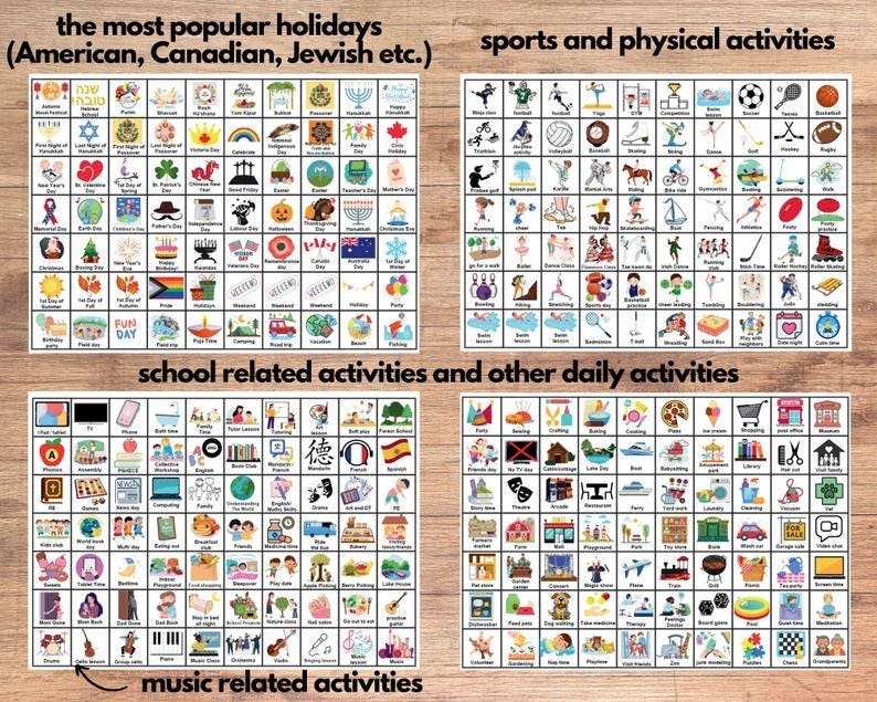 May include: A visual aid with colorful icons representing various holidays, sports, school-related activities, daily activities, and music-related activities. The icons are arranged in a grid format with white borders.
