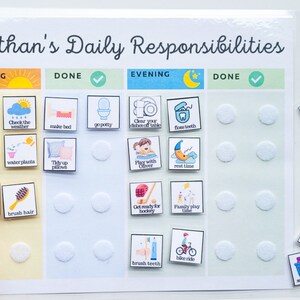K&ouml;nnte beinhalten: Eine wei&szlig;e Tafel mit dem Titel "Nathan's Daily Responsibilities" und einer Checkliste mit Aufgaben f&uuml;r den Morgen und Abend. Die Checkliste enth&auml;lt Symbole f&uuml;r Aktivit&auml;ten wie Anziehen, Z&auml;hneputzen, Bett machen und Spielen mit Spielzeug. Auf der Tafel befinden sich wei&szlig;e Kreise zum Abhaken der erledigten Aufgaben.