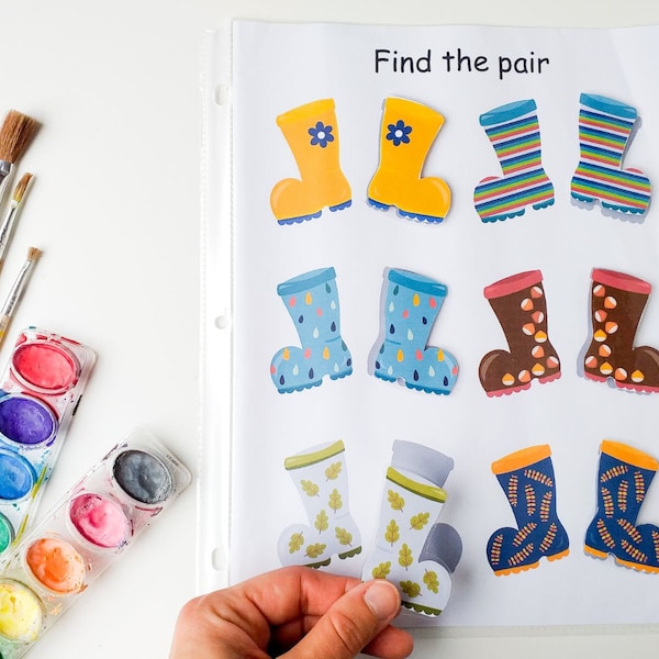 Rainboots busy book page for Autumn activities for kids, Fall busy book for Kindergarten, Autumn learning binder, Homeschool materials