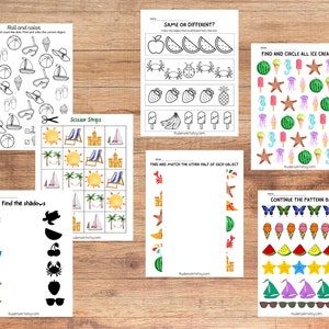 May include: A set of 10 printable summer-themed activity sheets for kids. The sheets include activities like find the shadows, find and circle all ice creams, continue the pattern below, and more.