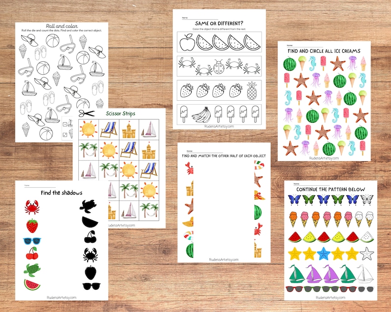 May include: A set of 10 printable summer-themed activity sheets for kids. The sheets include activities like find the shadows, find and circle all ice creams, continue the pattern below, and more.