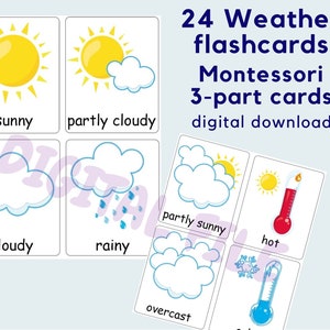 Cartes météo, cartes Montessori en trois parties, cartes de vocabulaire pour le préscolaire et la maternelle, cartes de langue, matériel scolaire à domicile