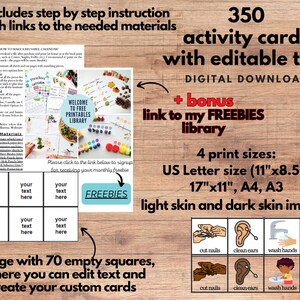 K&ouml;nnte beinhalten: Ein digitaler Download von 350 Aktivit&auml;tskarten mit editierbarem Text. Die Karten sind in vier Druckgr&ouml;&szlig;en erh&auml;ltlich: US Letter (11" x 8,5"), 17" x 11", A4 und A3. Die Karten zeigen helle und dunkle Hautt&ouml;ne. Das Bild zeigt eine Beispielkarte mit dem Text "N&auml;gel schneiden", "Ohren putzen" und "H&auml;nde waschen".