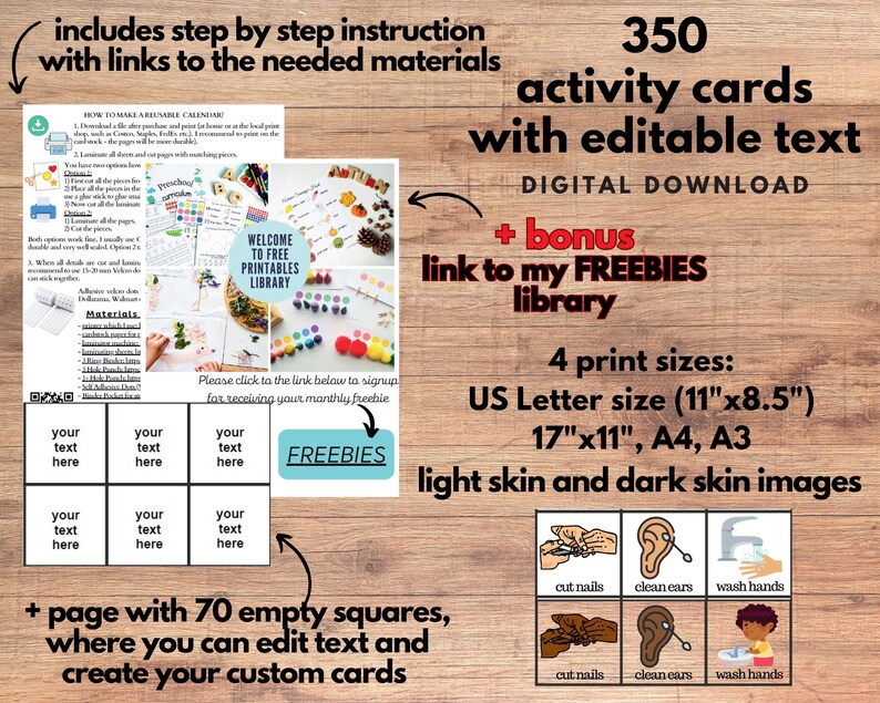 K&ouml;nnte beinhalten: Ein digitaler Download von 350 Aktivit&auml;tskarten mit editierbarem Text. Die Karten sind in vier Druckgr&ouml;&szlig;en erh&auml;ltlich: US Letter (11" x 8,5"), 17" x 11", A4 und A3. Die Karten zeigen helle und dunkle Hautt&ouml;ne. Das Bild zeigt eine Beispielkarte mit dem Text "N&auml;gel schneiden", "Ohren putzen" und "H&auml;nde waschen".