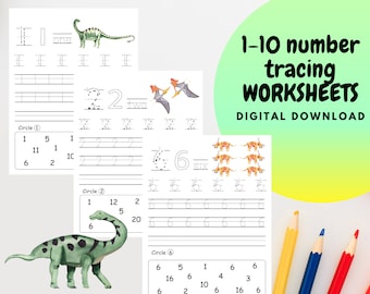 Number Tracing Preschool worksheets with Dinosaurs, Kindergarten Workbook, 1-10 number handwriting practice sheets