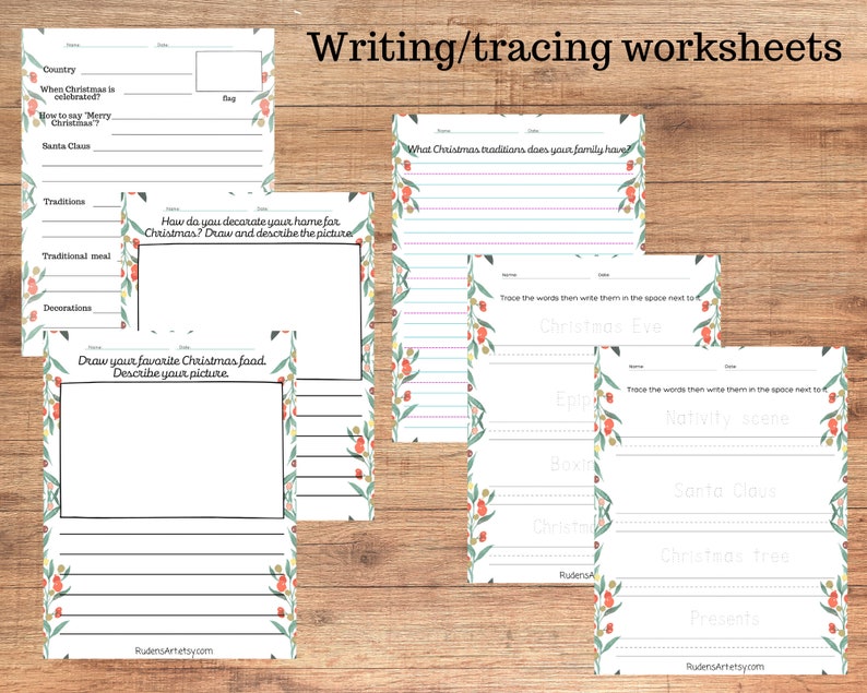 May include: A collection of Christmas-themed writing and tracing worksheets. The pages feature prompts about Christmas traditions, food, and decorations. Each page has a floral border and space for writing and drawing. The text "Writing/tracing worksheets" is at the top.