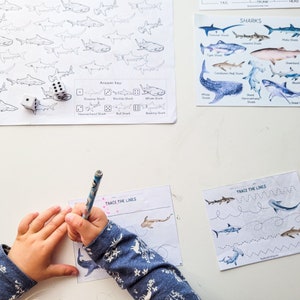 May include: A child's hand traces lines on a worksheet with a blue pencil. The worksheet has a shark illustration and the text "Trace the Lines". There are two dice and a worksheet with a shark identification key.