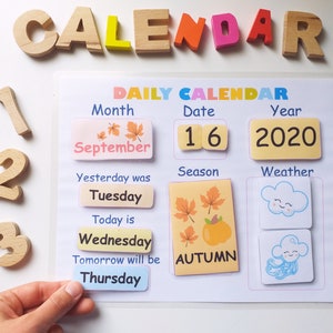 Kinderkalender en weerkaart als Montessori-materiaal of klaskalender voor peuters, kleuterschool of kleuterschool, Kinderkalender 2024