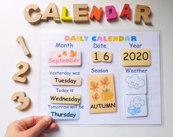 Kinderkalender mit Wetterkarte als Montessori Material- oder Klassenkalender für Kleinkinder, Vorschule oder Kindergarten, Kinderkalender 2024
