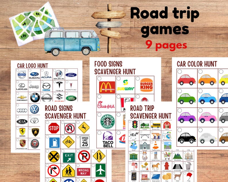 May include: A collection of road trip games with a blue van illustration and wooden signpost. The games include scavenger hunts for car logos, food signs, road signs, and car colors. The text reads "Road trip games 9 pages."