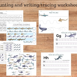 May include: A set of printable shark-themed worksheets for kids. The worksheets include counting, tracing, and writing activities. The worksheets feature colorful illustrations of sharks.