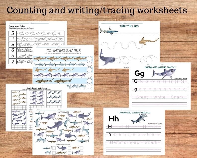 May include: A set of printable shark-themed worksheets for kids. The worksheets include counting, tracing, and writing activities. The worksheets feature colorful illustrations of sharks.