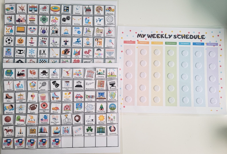 May include: A colorful weekly schedule chart with a rainbow background and white dots. The chart has seven columns labeled with the days of the week: Sunday, Monday, Tuesday, Wednesday, Thursday, Friday, and Saturday.  The chart is designed to help children learn about the days of the week and to track their activities.