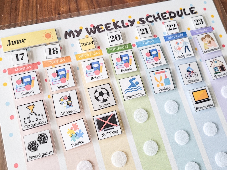 May include: A colourful weekly schedule chart with a June calendar and icons for activities such as school, soccer, swimming, crafting, bike riding, screen time, and more. The chart is designed for children and features a bright, playful design.